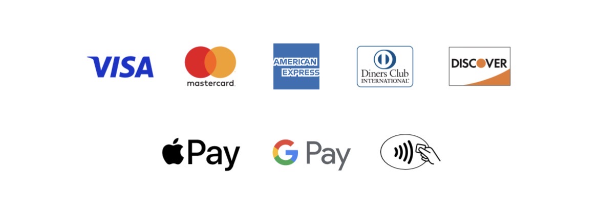 Visa, Mastercard, American Express, Diners Club, Discover, Apple Pay, Google Pay, Kontaktlos